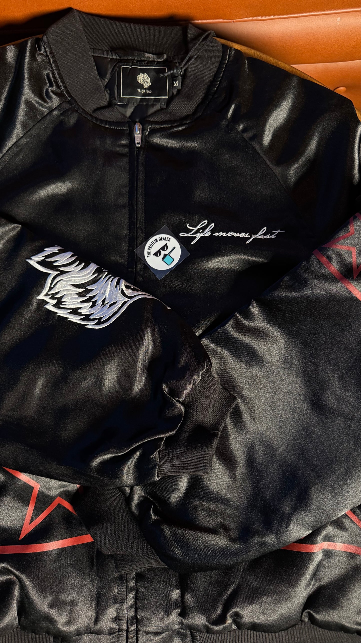 IN THE STARS SATIN BOMBER ZIP JACKET