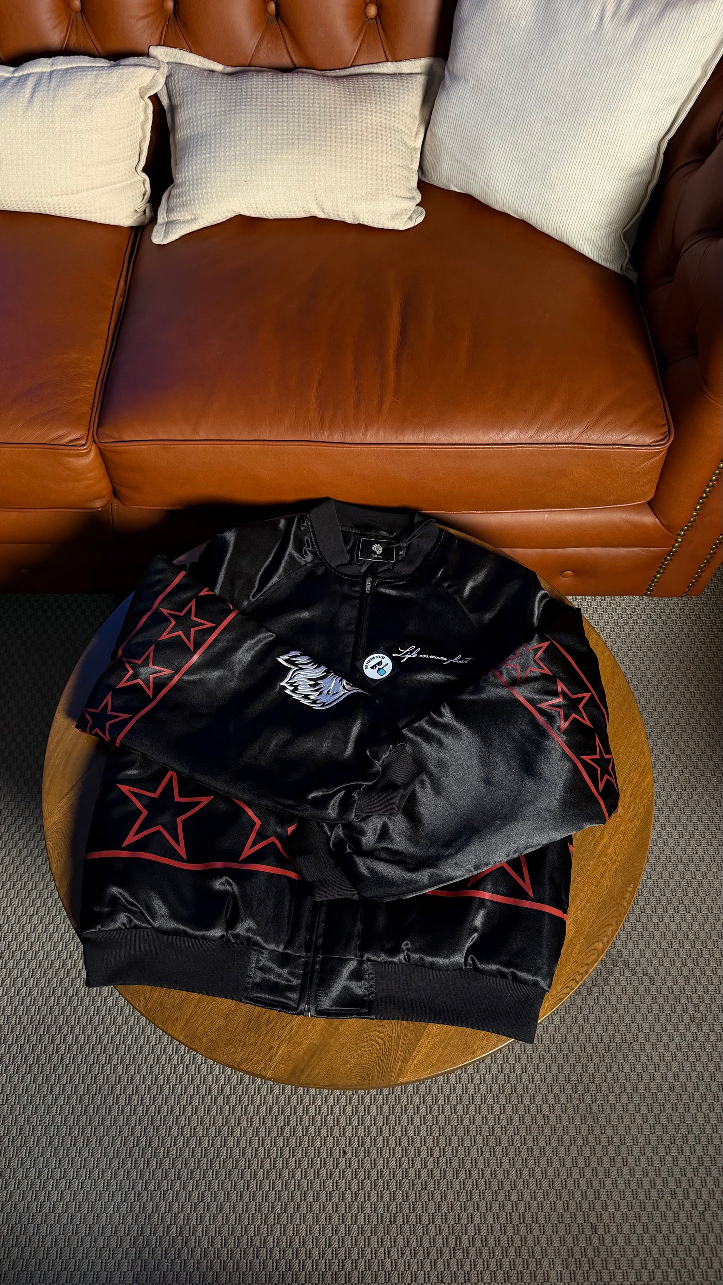 IN THE STARS SATIN BOMBER ZIP JACKET