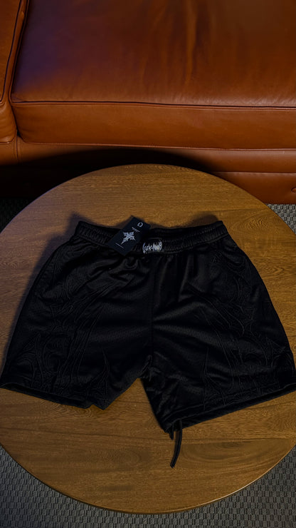 SKELETAL EMBROIDERED BODYBUILDING MESH SHORTS