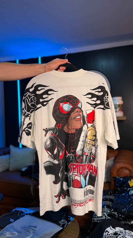 SPIDERMAN SWINGING THROUGH CHAOS OVER T-SHIRT