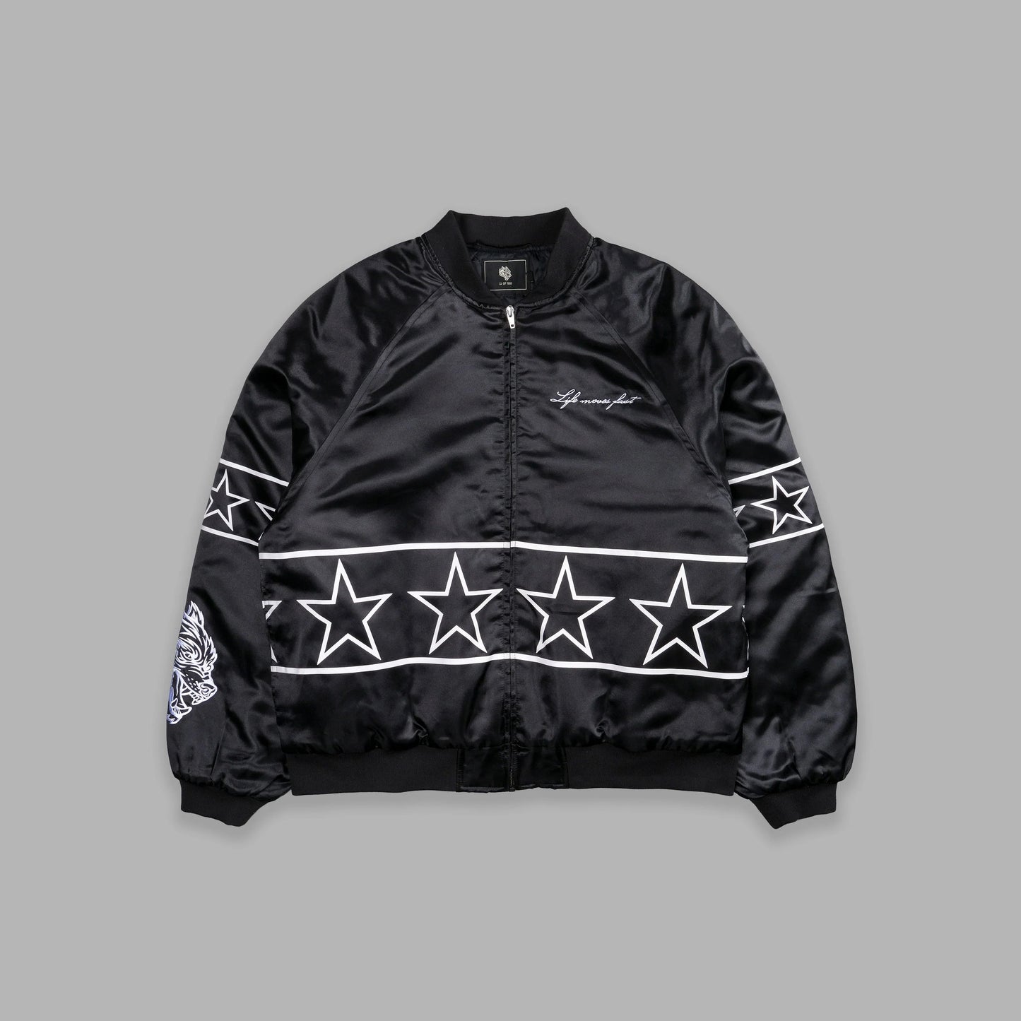 IN THE STARS SATIN BOMBER ZIP JACKET