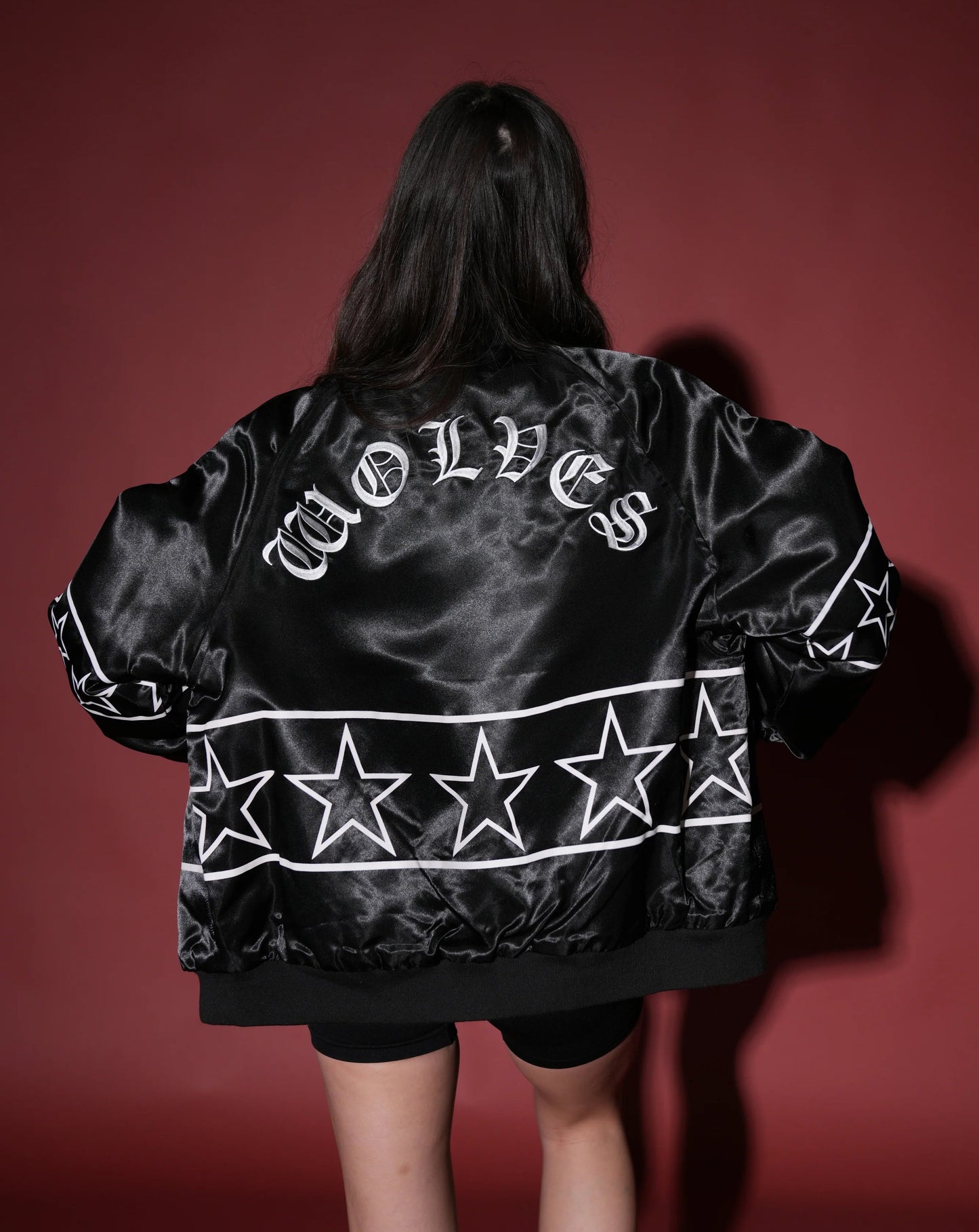 IN THE STARS SATIN BOMBER ZIP JACKET