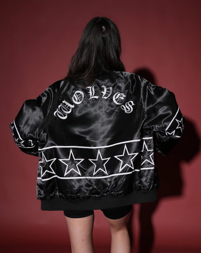 IN THE STARS SATIN BOMBER ZIP JACKET