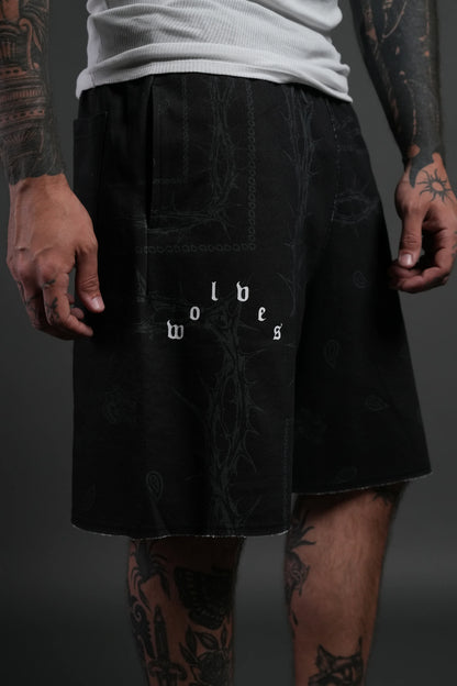 WOLVES PYRAMID GRUNGE OVERSIZED RAW HEM SWEAT SHORTS