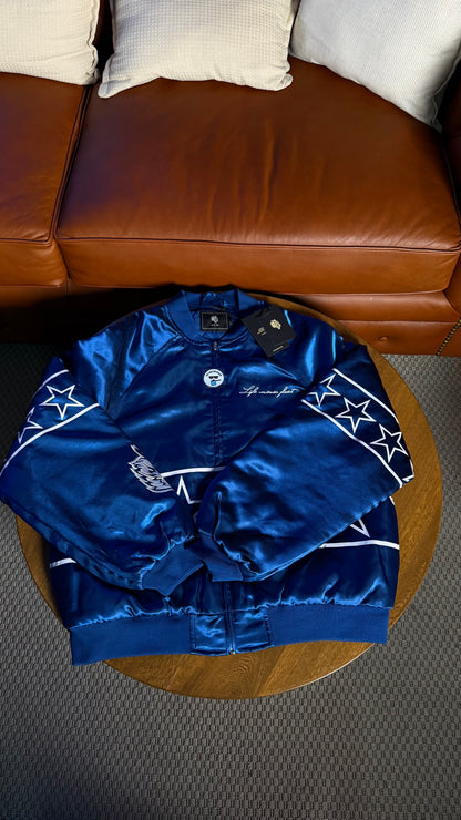 IN THE STARS SATIN BOMBER ZIP JACKET
