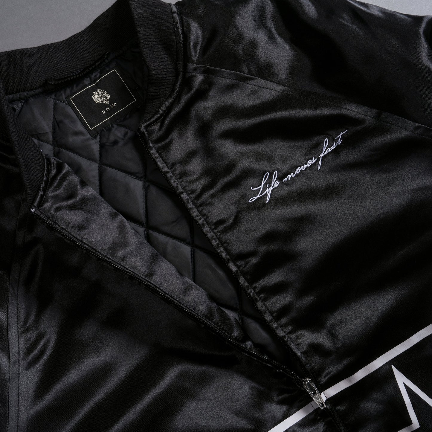 IN THE STARS SATIN BOMBER ZIP JACKET