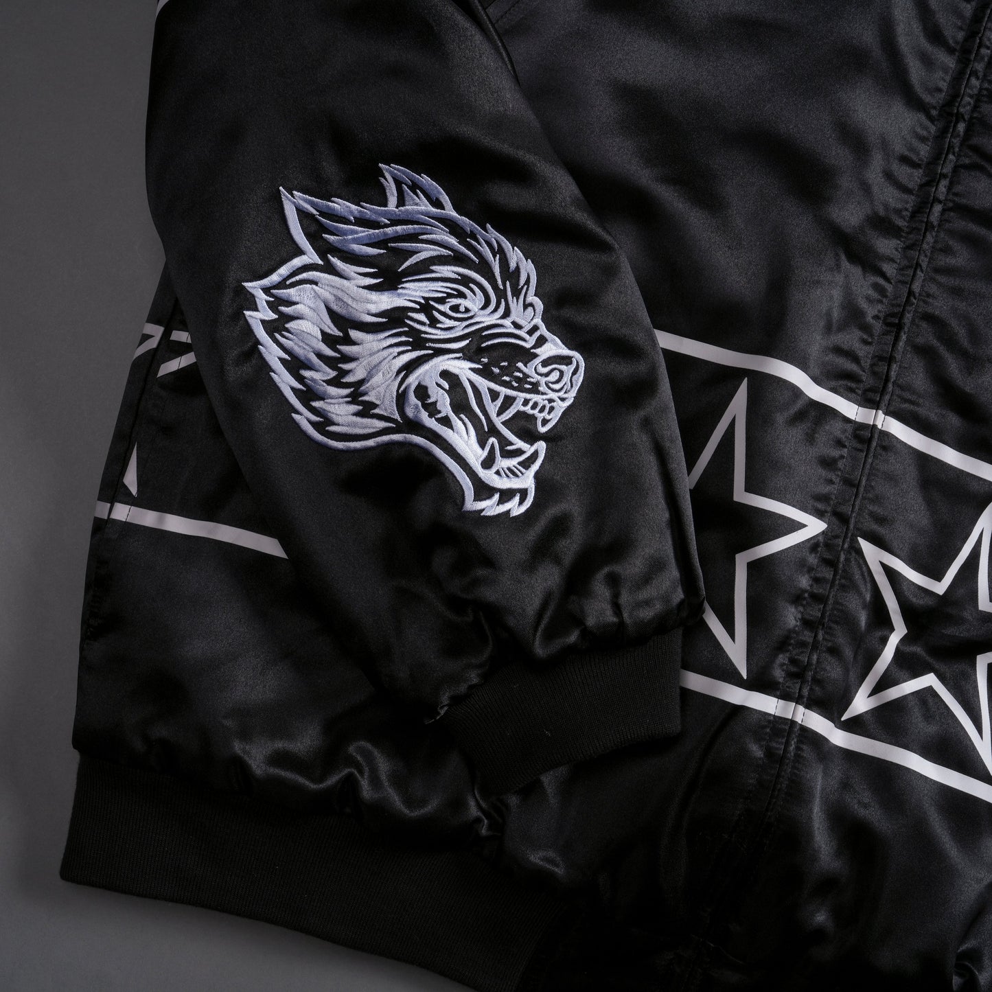 IN THE STARS SATIN BOMBER ZIP JACKET