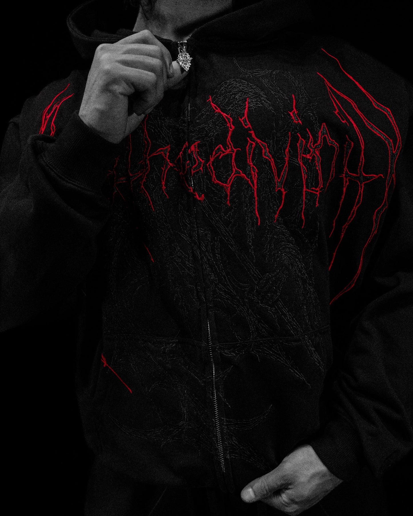 GRIM REAPER EMBROIDERED OVERSIZED ZIP-UP HOODIE