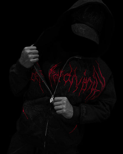 GRIM REAPER EMBROIDERED OVERSIZED ZIP-UP HOODIE