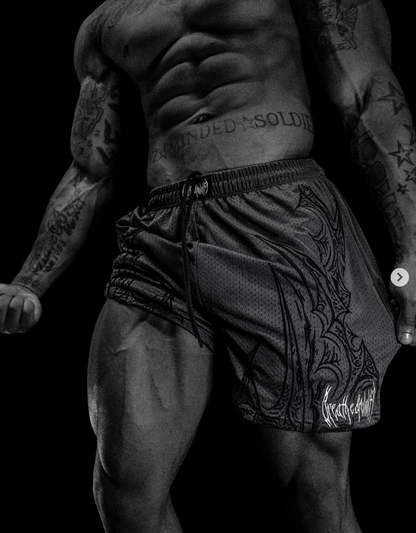 SKELETAL EMBROIDERED BODYBUILDING MESH SHORTS