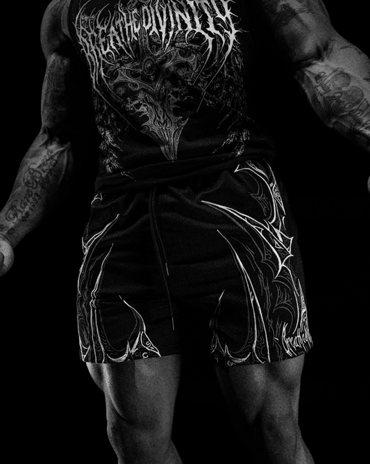 SKELETAL EMBROIDERED BODYBUILDING MESH SHORTS